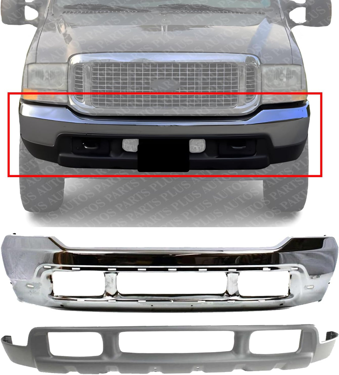 Front Bumper Chrome Steel With Holes For Lower Cover + Upper Valance Textured Direct Replacement Compatible With 1999-2004 Ford F-Series Super Duty/Excursion FO1002375 FO1095176