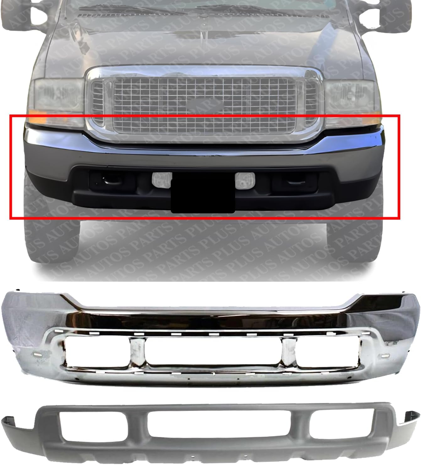 Front Bumper Chrome Steel With Holes For Lower Cover + Upper Valance Textured Direct Replacement Compatible With 1999-2004 Ford F-Series Super Duty/Excursion FO1002375 FO1095176