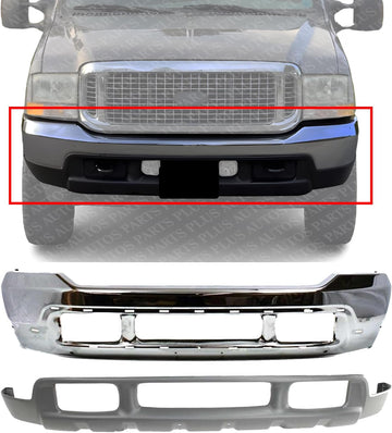 Front Bumper Chrome Steel With Holes For Lower Cover + Upper Valance Textured Direct Replacement Compatible With 1999-2004 Ford F-Series Super Duty/Excursion FO1002375 FO1095176