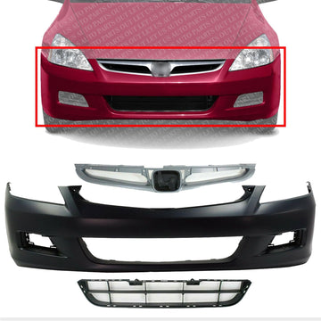 Front Bumper Cover + Upper Grille Primed + Lower Textured Direct Replacement Compatible With 2006-2007 Honda Accord HO1200179 HO1036101 HO1000235 04711SDLA90ZZ 71102SDAA00