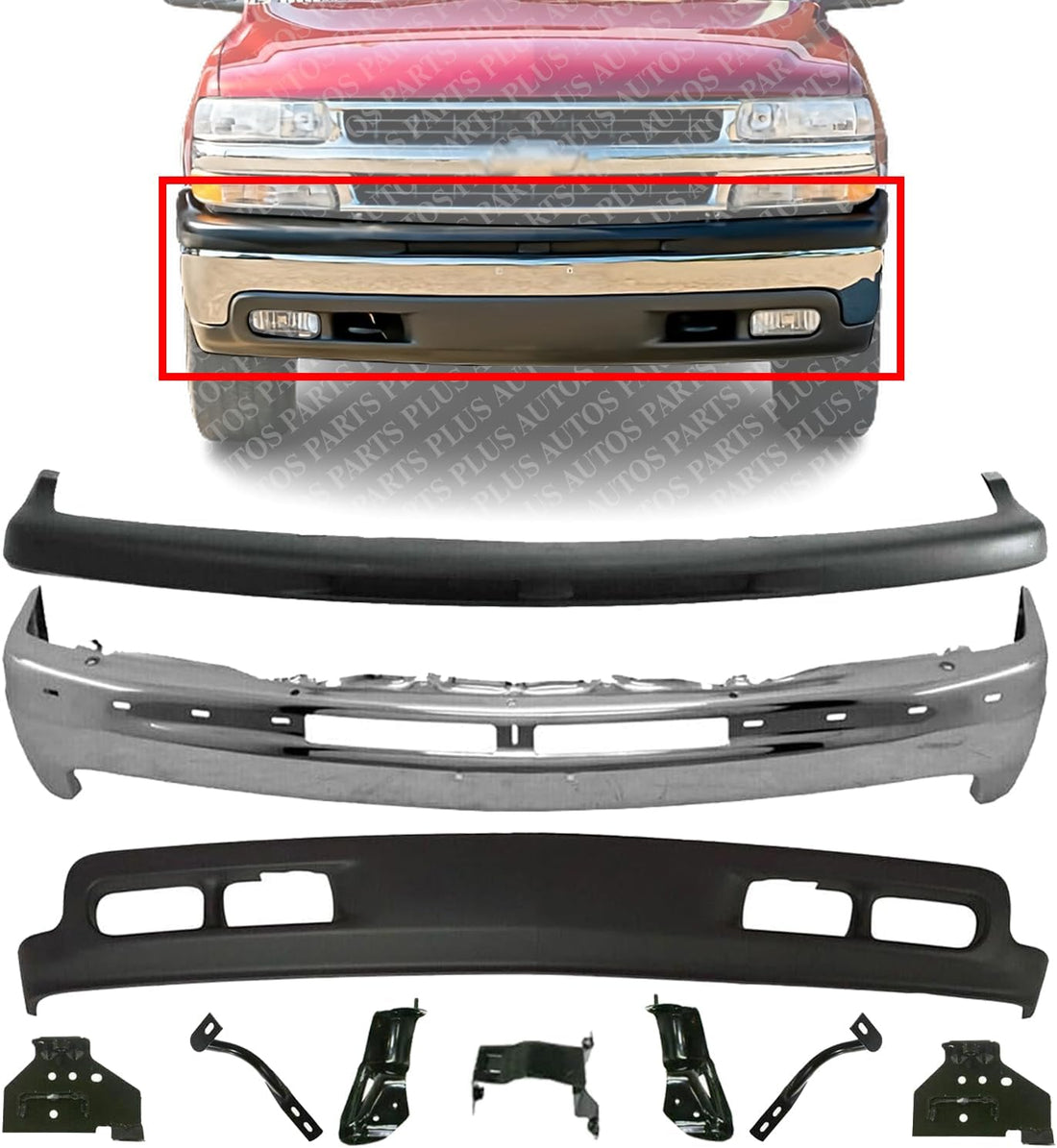 Front Bumper Chrome Steel + Upper Cover + Lower Valance + Brackets Set Left & Right Side Direct Replacement Compatible With Chevrolet Silverado 1500 1999-2002 / Tahoe 2000-2006