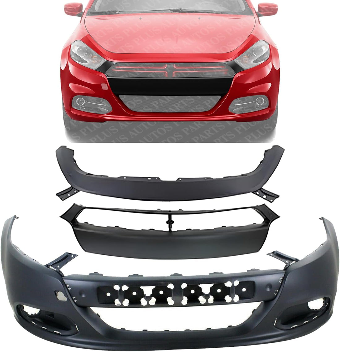 Front Bumper + Upper Cover + Molding Primed Direct Replacement Compatible With 2013-2016 Dodge Dart CH1000A09 CH1014106 CH1044110 1UT51TZZAA 1TS71TZZAF 1WC26TZZAC