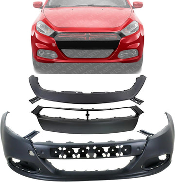 Front Bumper + Upper Cover + Molding Primed Direct Replacement Compatible With 2013-2016 Dodge Dart CH1000A09 CH1014106 CH1044110 1UT51TZZAA 1TS71TZZAF 1WC26TZZAC