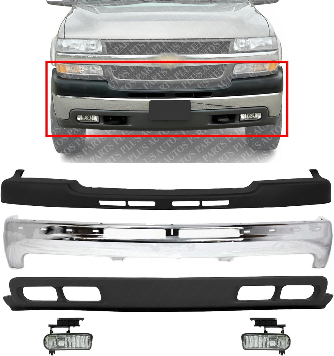 Front Bumper Chrome Steel + Upper Cover Textured + Lower Valance +Fog Light Direct Replacement Compatible With 2001-2002 Chevrolet Silverado 2500HD 3500 GM1002376 GM1051106
