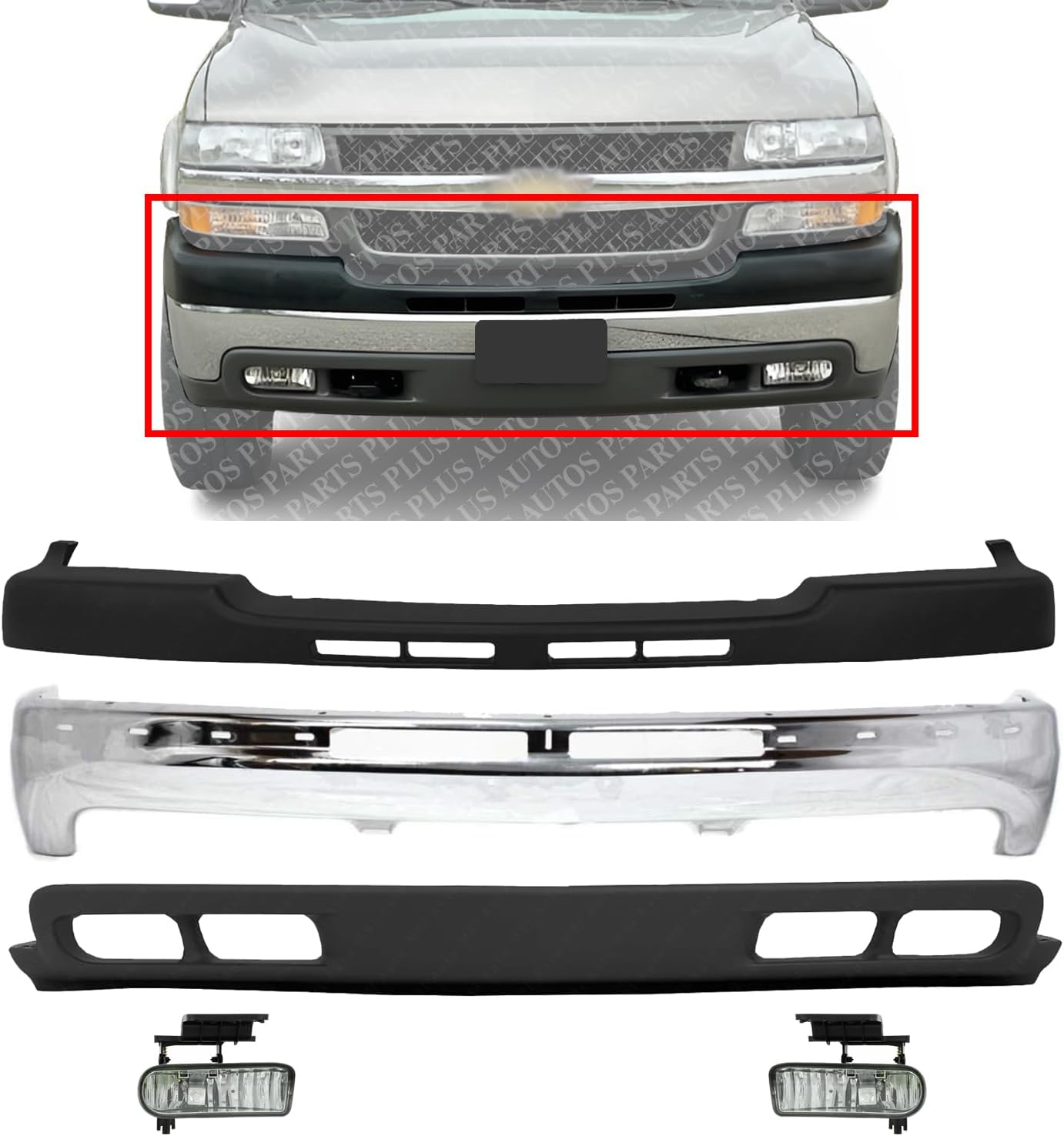 Front Bumper Chrome Steel + Upper Cover Textured + Lower Valance +Fog Light Direct Replacement Compatible With 2001-2002 Chevrolet Silverado 2500HD 3500 GM1002376 GM1051106