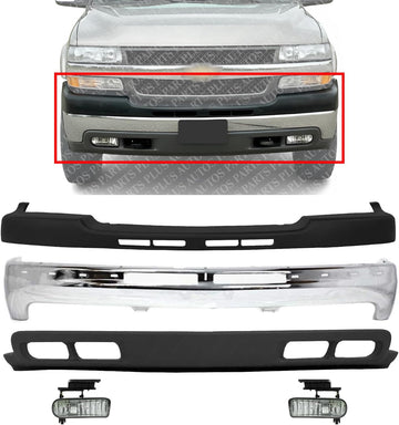 Front Bumper Chrome Steel + Upper Cover Textured + Lower Valance +Fog Light Direct Replacement Compatible With 2001-2002 Chevrolet Silverado 2500HD 3500 GM1002376 GM1051106