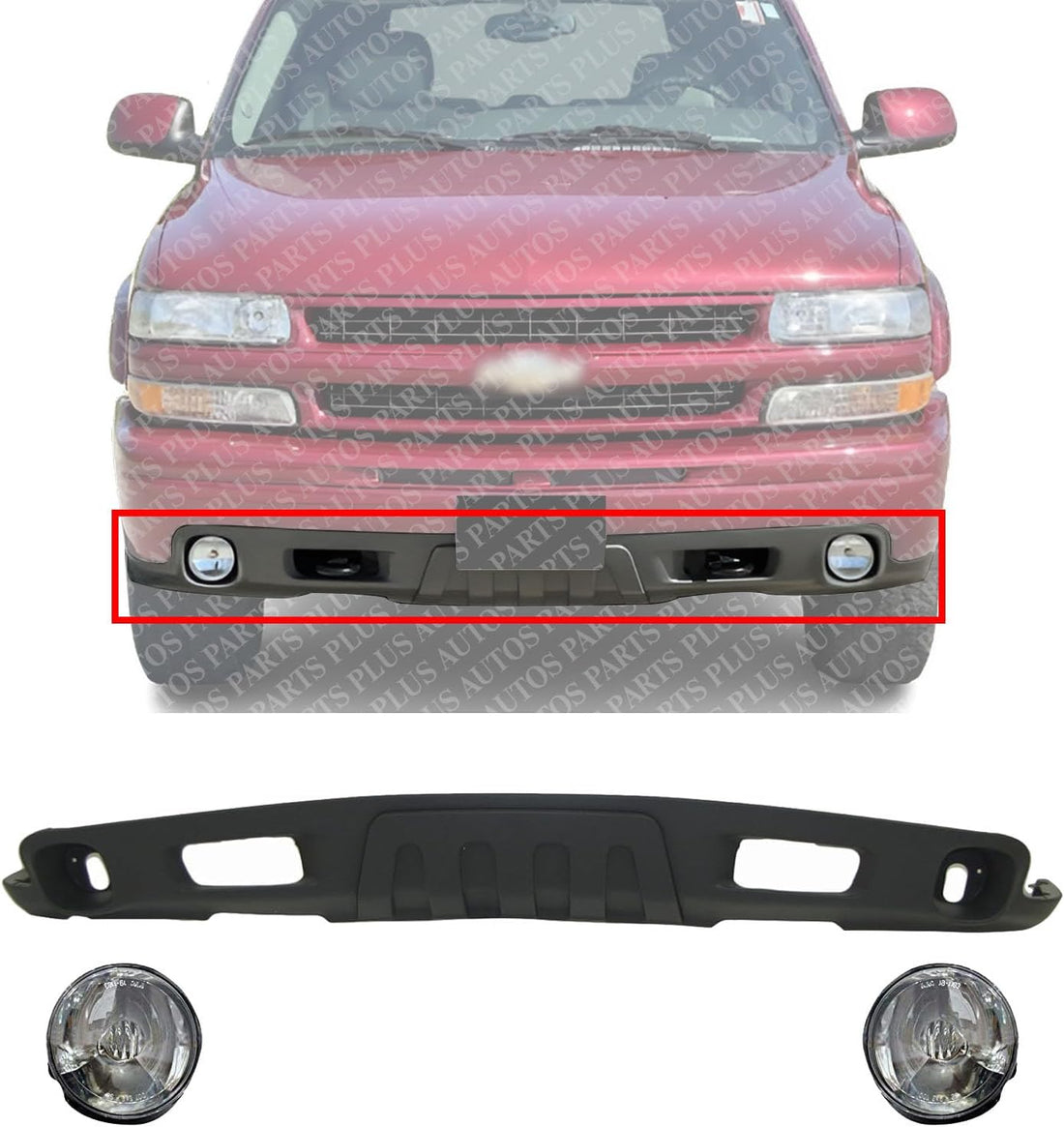 Front Lower Valance Air Deflector Textured Gray with Set of 2 Fog Lights Driver & Passenger Side Direct Replacement Compatible with 2004-2006 Chevrolet Suburban 1500/2003-2006 Tahoe