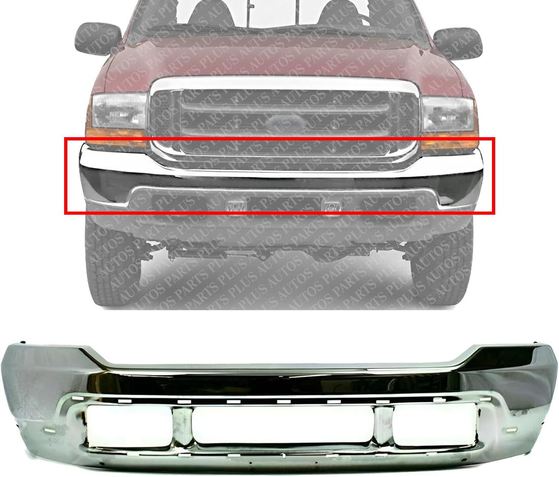 AUTOS PARTS PLUS Front Bumper Chrome Steel With Lower Cover Holes Direct Replacement Compatible With 1999-2004 Ford F-Series Super Duty FO1002375 3C3Z17757BA