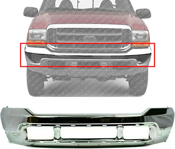 AUTOS PARTS PLUS Front Bumper Chrome Steel With Lower Cover Holes Direct Replacement Compatible With 1999-2004 Ford F-Series Super Duty FO1002375 3C3Z17757BA