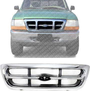 Front Grille Chrome Shell & Gray Insert Direct Replacement Compatible With 1988-2000 Ford Ranger FO1200341 F87Z8200KAA