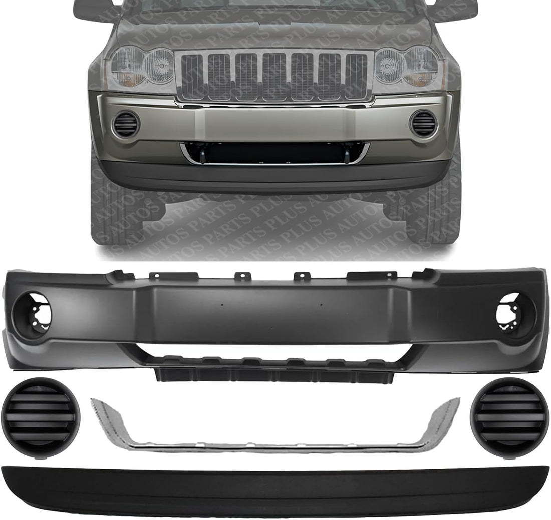 Front Bumper Cover + Lower Valance Air Dam Primed + Molding Chrome + Fog Light Cover Left & Right Side Direct Replacement Compatible With 2005-2007 Jeep Grand Cherokee CH1038112