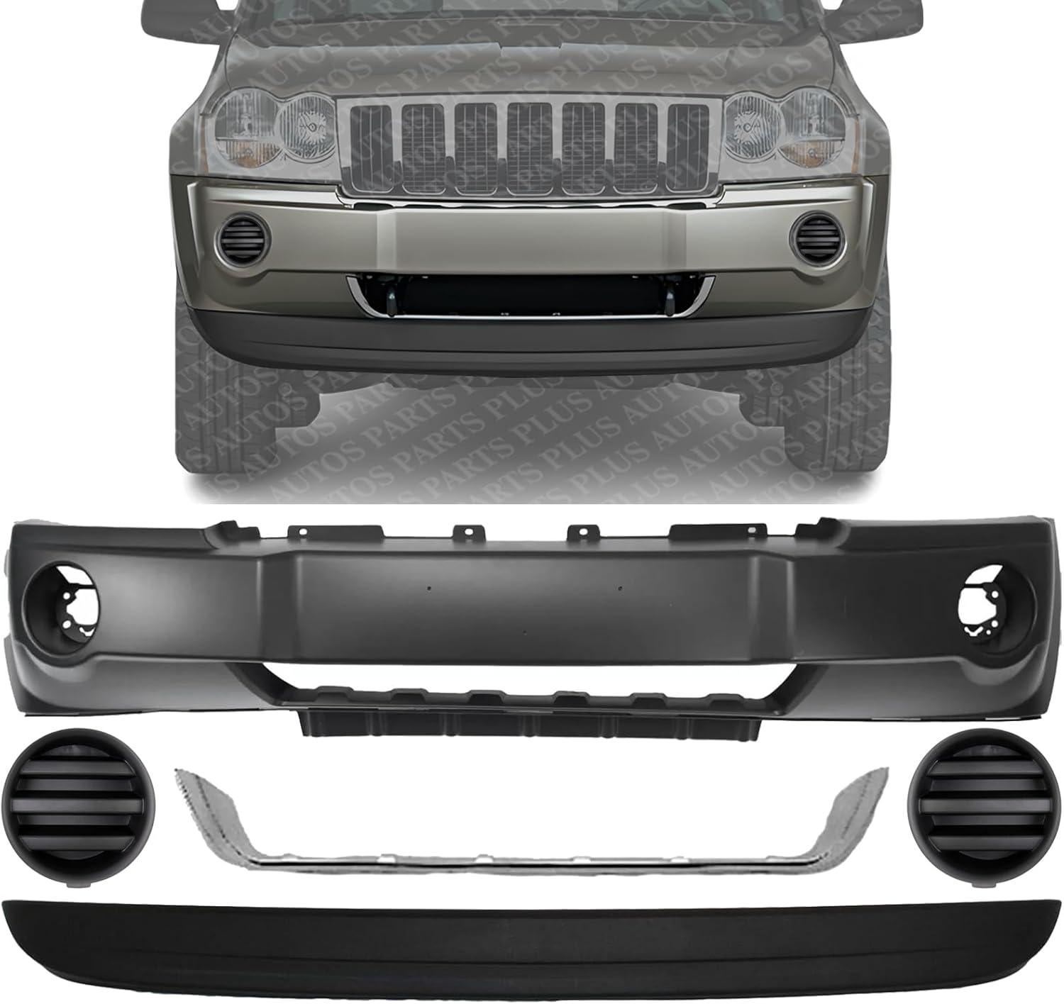 Front Bumper Cover + Lower Valance Air Dam Primed + Molding Chrome + Fog Light Cover Left & Right Side Direct Replacement Compatible With 2005-2007 Jeep Grand Cherokee CH1038112