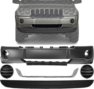 Front Bumper Cover + Lower Valance Air Dam Primed + Molding Chrome + Fog Light Cover Left & Right Side Direct Replacement Compatible With 2005-2007 Jeep Grand Cherokee CH1038112