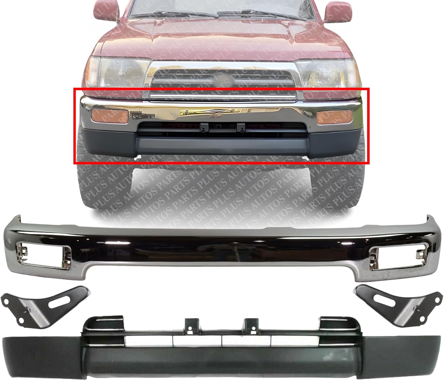 AUTOS PARTS PLUS Front Bumper Face Bar Chrome + Lower Valance Primed + Bracket Right Passenger & Left Driver Side Direct Replacement Compatible With 1996-1998 Toyota 4Runner TO1002162 TO1095174