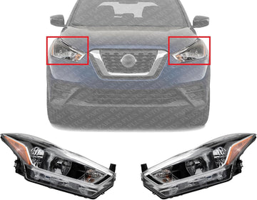 Set Of 2 Front Head Light Assembly Plastic Left Driver & Right Passenger Side Direct Replacement Compatible With 2018-2020 Nissan Kicks NI2503264 NI2502264 260105RL0A 260605RL0A