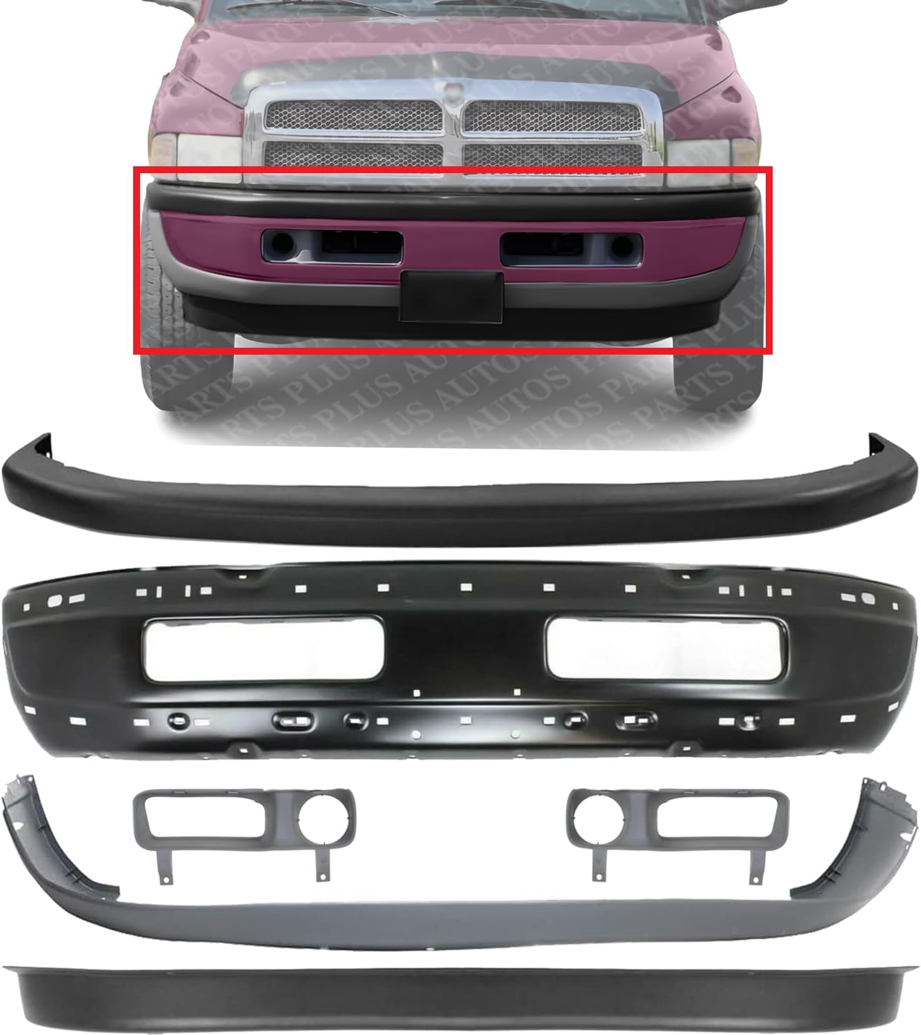 Front Bumper Primed Steel + Upper & Lower Cover + Valance Textured + Fog Light Molding Left & Right Side Direct Replacement Compatible With 1994-2001 Dodge Ram 1500/97-02 2500 3500