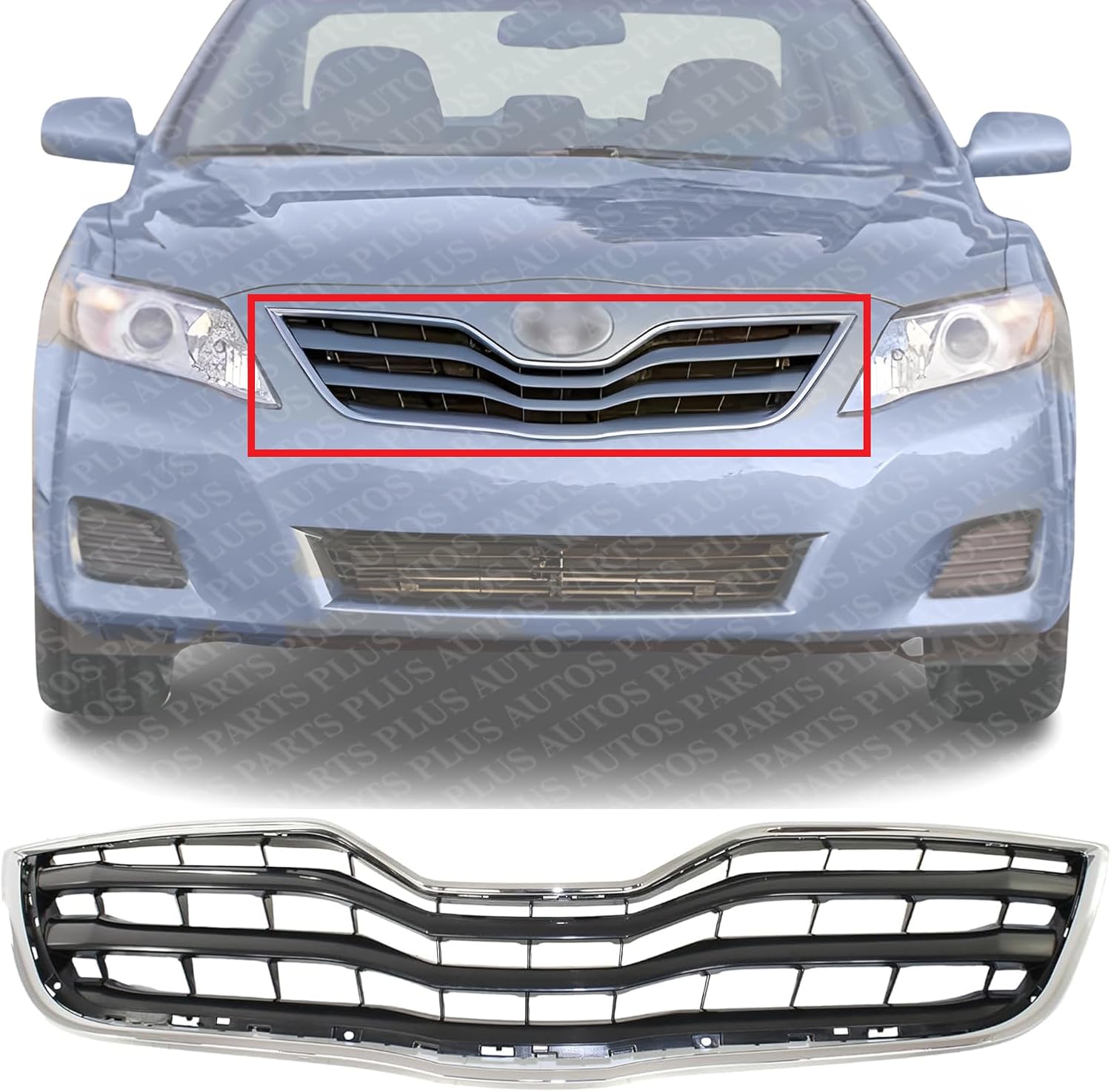 Front Grille Assembly Chrome Shell With Primed Insert Plastic Direct Replacement Compatible With 2010-2011 Toyota Camry TO1200324 5310106070C0