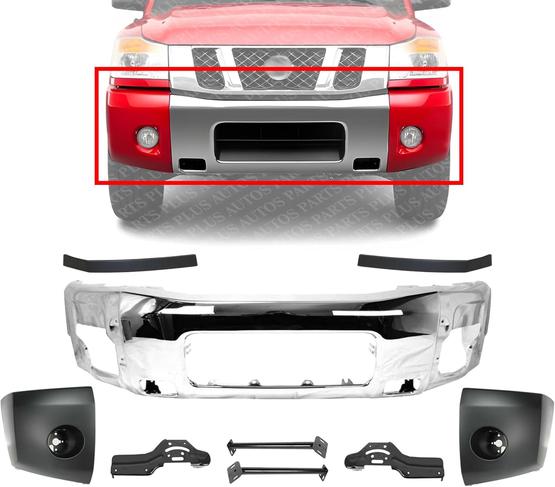 Front Bumper Face Bar Chrome Steel + End Caps + Extension Fillers + Brackets Set Direct Replacement Compatible With 2004-2007 Nissan Titan NI1002136 NI1004147 NI1005147 NI1032104