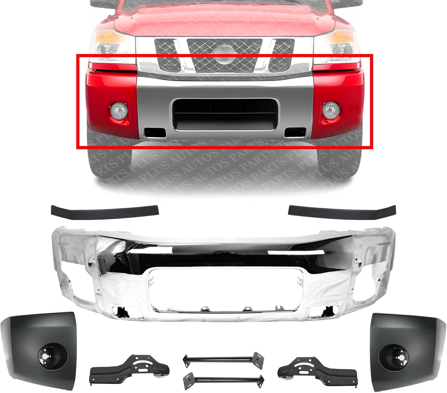 Front Bumper Face Bar Chrome Steel + End Caps + Extension Fillers + Brackets Set Direct Replacement Compatible With 2004-2007 Nissan Titan NI1002136 NI1004147 NI1005147 NI1032104