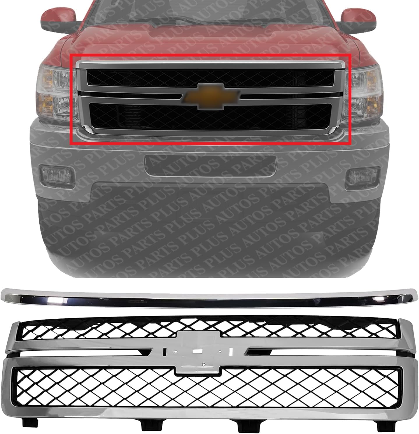 Front Grille Chrome Shell With Primed Insert + Hood Molding Direct Replacement Compatible With 2011-2014 Chevrolet Silverado 2500HD 3500HD GM1200639 GM1235124 20963700 20966058
