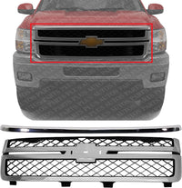 Front Grille Chrome Shell With Primed Insert + Hood Molding Direct Replacement Compatible With 2011-2014 Chevrolet Silverado 2500HD 3500HD GM1200639 GM1235124 20963700 20966058