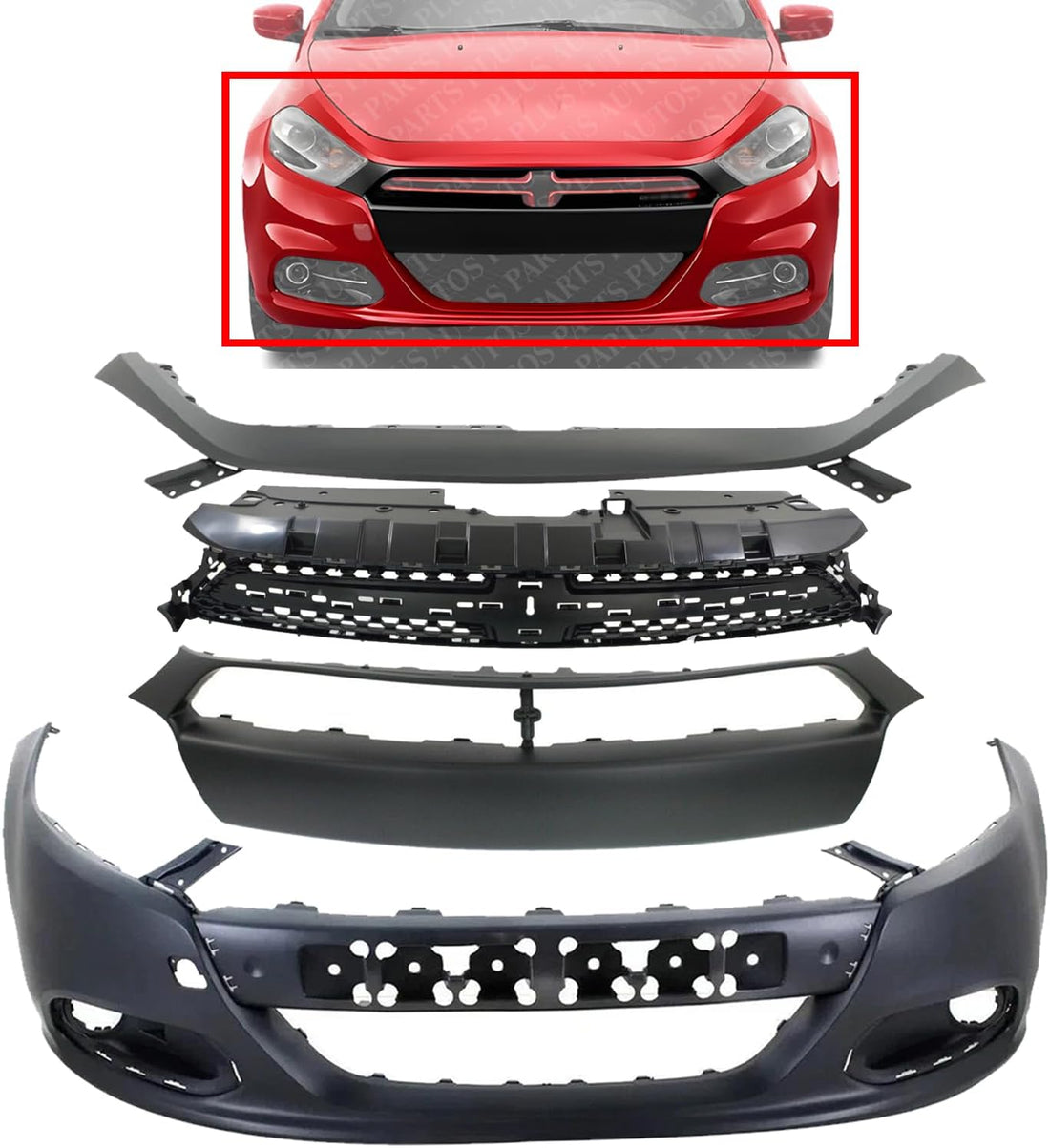 Front Bumper + Upper Cover + Molding Primed + Grille Textured Direct Replacement Compatible With 2013-2016 Dodge Dart CH1200378 CH1044110 CH1000A09 CH1014106 1TS71TZZAF 1WC26TZZAC