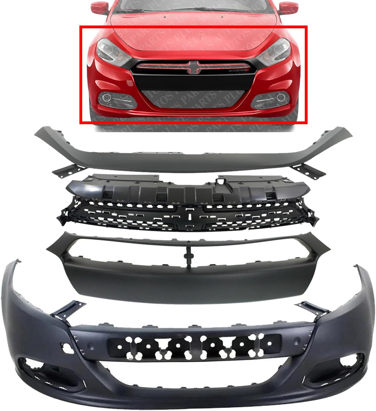 Front Bumper + Upper Cover + Molding Primed + Grille Textured Direct Replacement Compatible With 2013-2016 Dodge Dart CH1200378 CH1044110 CH1000A09 CH1014106 1TS71TZZAF 1WC26TZZAC