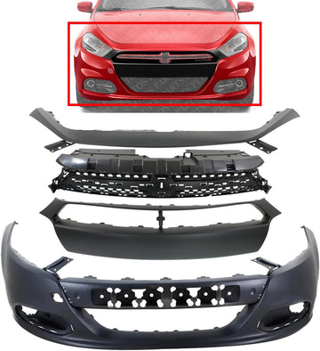 Front Bumper + Upper Cover + Molding Primed + Grille Textured Direct Replacement Compatible With 2013-2016 Dodge Dart CH1200378 CH1044110 CH1000A09 CH1014106 1TS71TZZAF 1WC26TZZAC