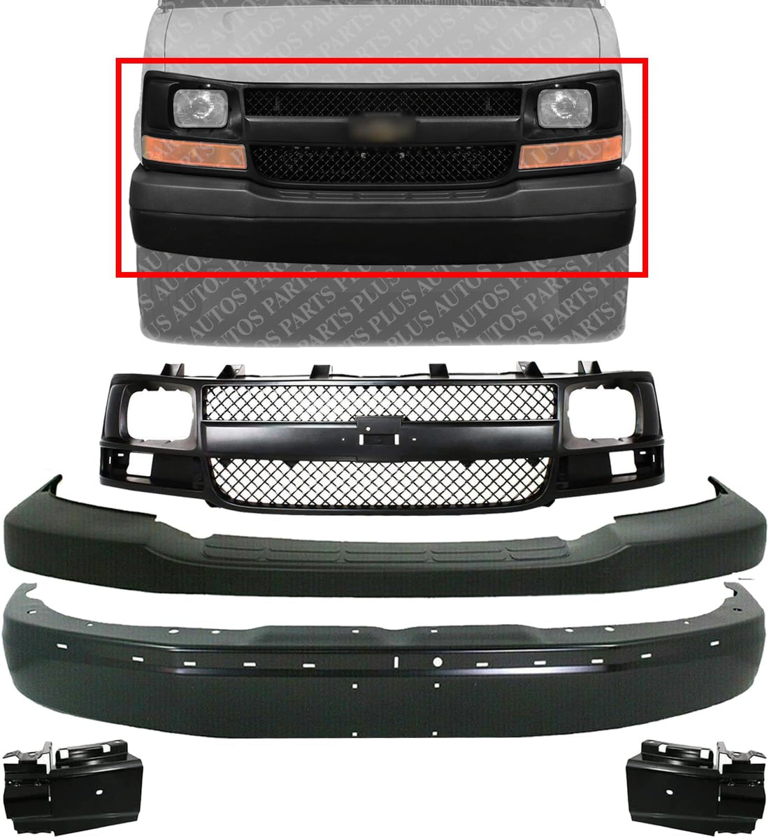 Front Bumper Primed + Upper Cover Textured + Grille Plastic + Set Of 2 Bracket Left & Right Side Direct Replacement Compatible with Chevrolet Express/GMC Savana 2003-2017
