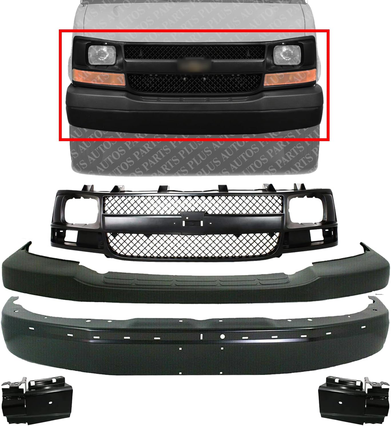 Front Bumper Primed + Upper Cover Textured + Grille Plastic + Set Of 2 Bracket Left & Right Side Direct Replacement Compatible with Chevrolet Express/GMC Savana 2003-2017