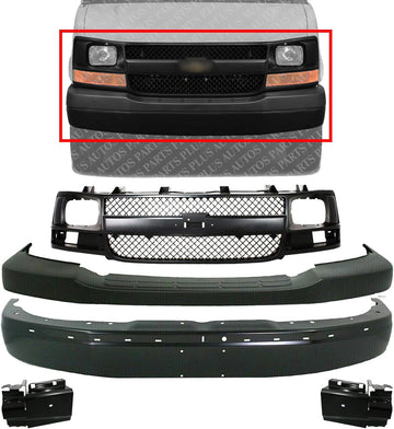 Front Bumper Primed + Upper Cover Textured + Grille Plastic + Set Of 2 Bracket Left & Right Side Direct Replacement Compatible with Chevrolet Express/GMC Savana 2003-2017