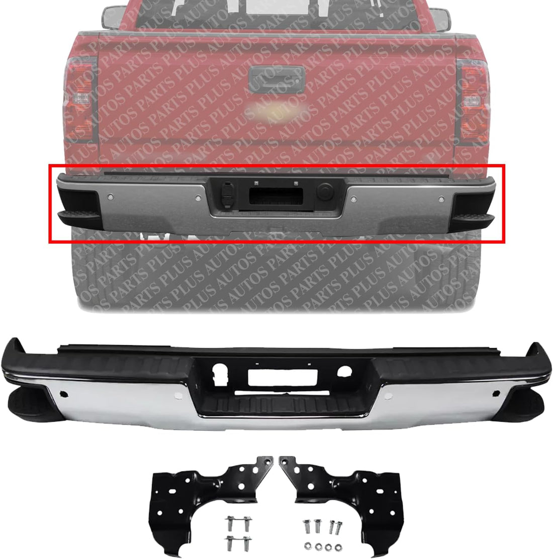 Rear Bumper Assembly Chrome Steel With Sensor Holes & Corner Hole Direct Replacement Compatible With 2014-2018 Chevrolet Silverado/GMC Sierra 1500 Pickup GM1103175 GM1103179