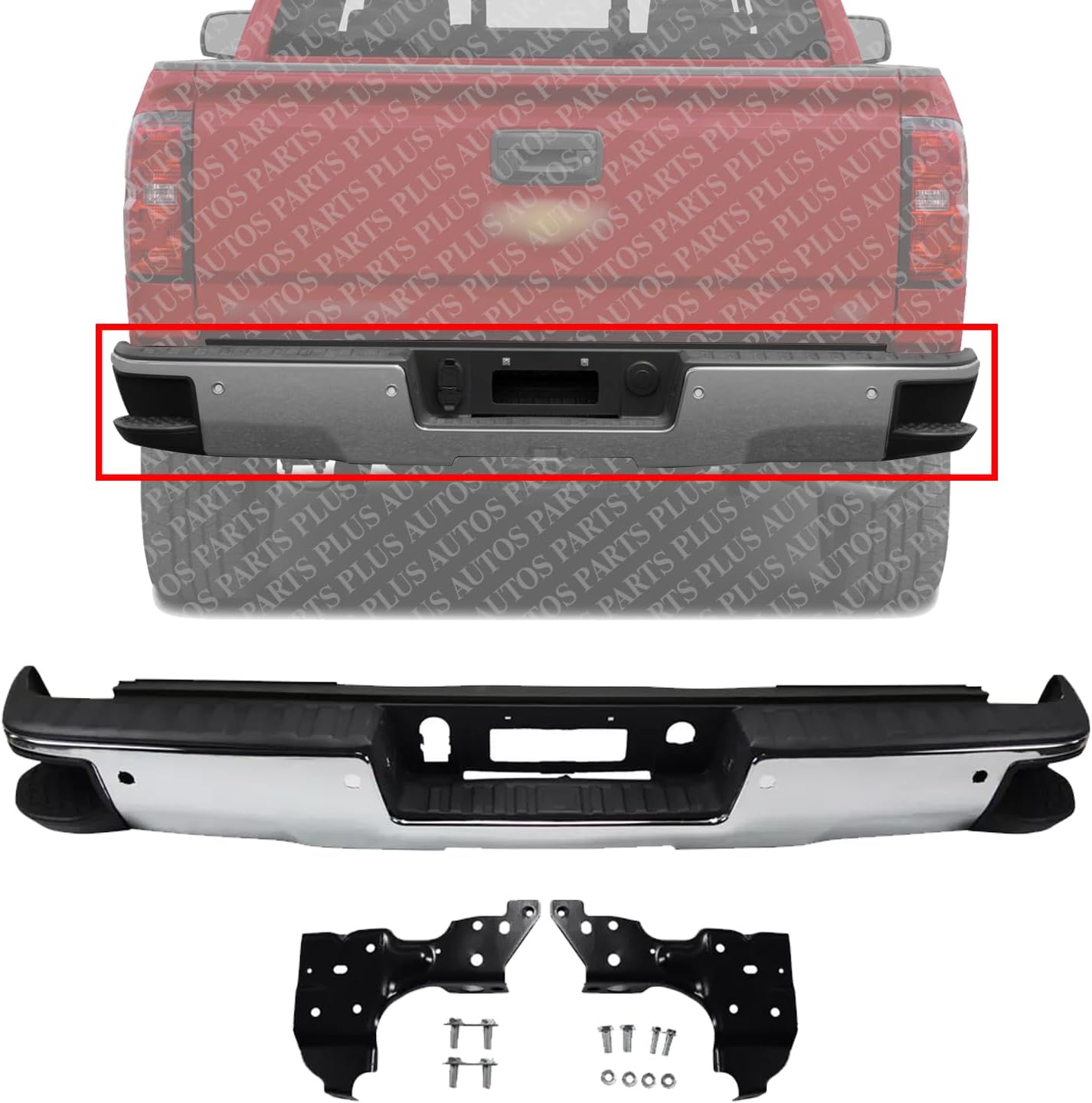 Rear Bumper Assembly Chrome Steel With Sensor Holes & Corner Hole Direct Replacement Compatible With 2014-2018 Chevrolet Silverado/GMC Sierra 1500 Pickup GM1103175 GM1103179