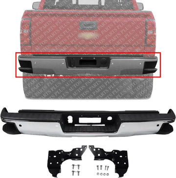 Rear Bumper Assembly Chrome Steel With Sensor Holes & Corner Hole Direct Replacement Compatible With 2014-2018 Chevrolet Silverado/GMC Sierra 1500 Pickup GM1103175 GM1103179
