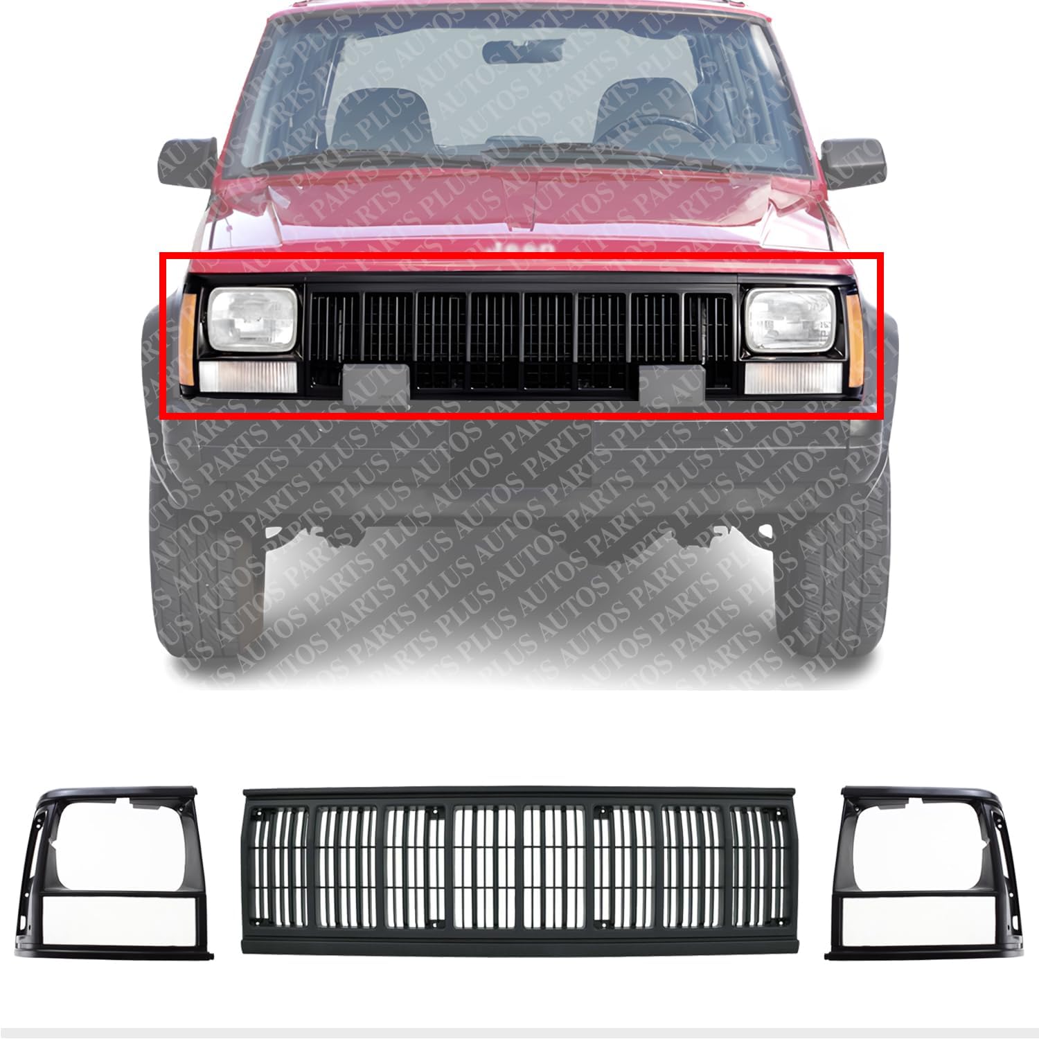 AUTOS PARTS PLUS Front Grille + Headlight Door Bezels Primed Left Driver & Right Passenger Side Direct Replacement Compatible With 1991-1996 Jeep Cherokee CH1200177 CH2513124 CH2512124 5DV54TZZ