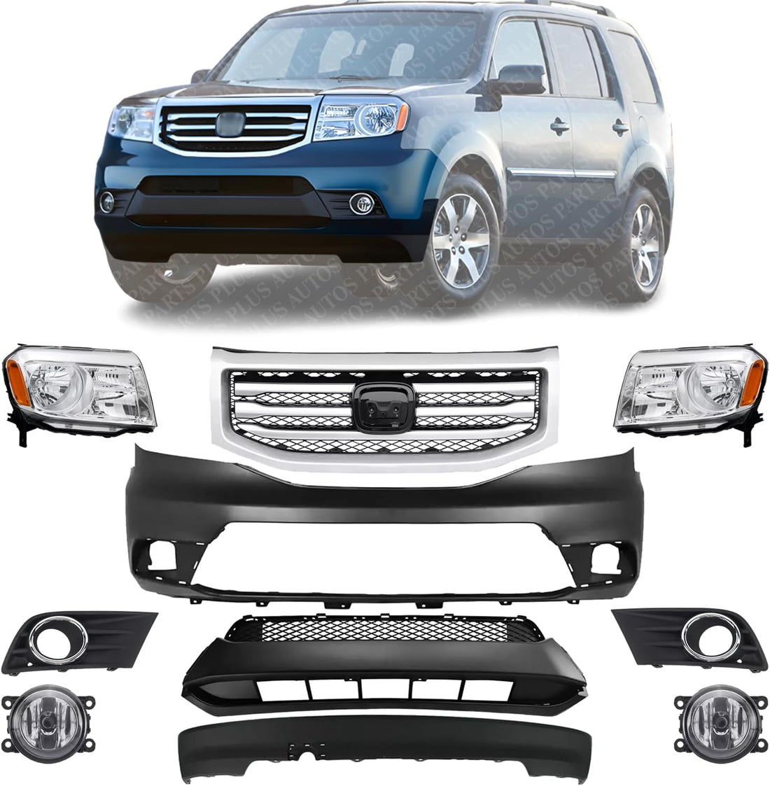 Front Bumper Primed + Grille Assembly + Lower Valance + Headlight + Fog Lamp With Bezels Left Driver And Right Passenger Side Direct Replacement Compatible With 2012-2015 Honda Pilot