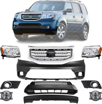 Front Bumper Primed + Grille Assembly + Lower Valance + Headlight + Fog Lamp With Bezels Left Driver And Right Passenger Side Direct Replacement Compatible With 2012-2015 Honda Pilot