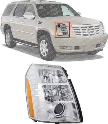 Front Head Light Assembly Right Passenger Side Direct Replacement Compatible With 2007-2009 Cadillac Escalade GM2503291 25897649