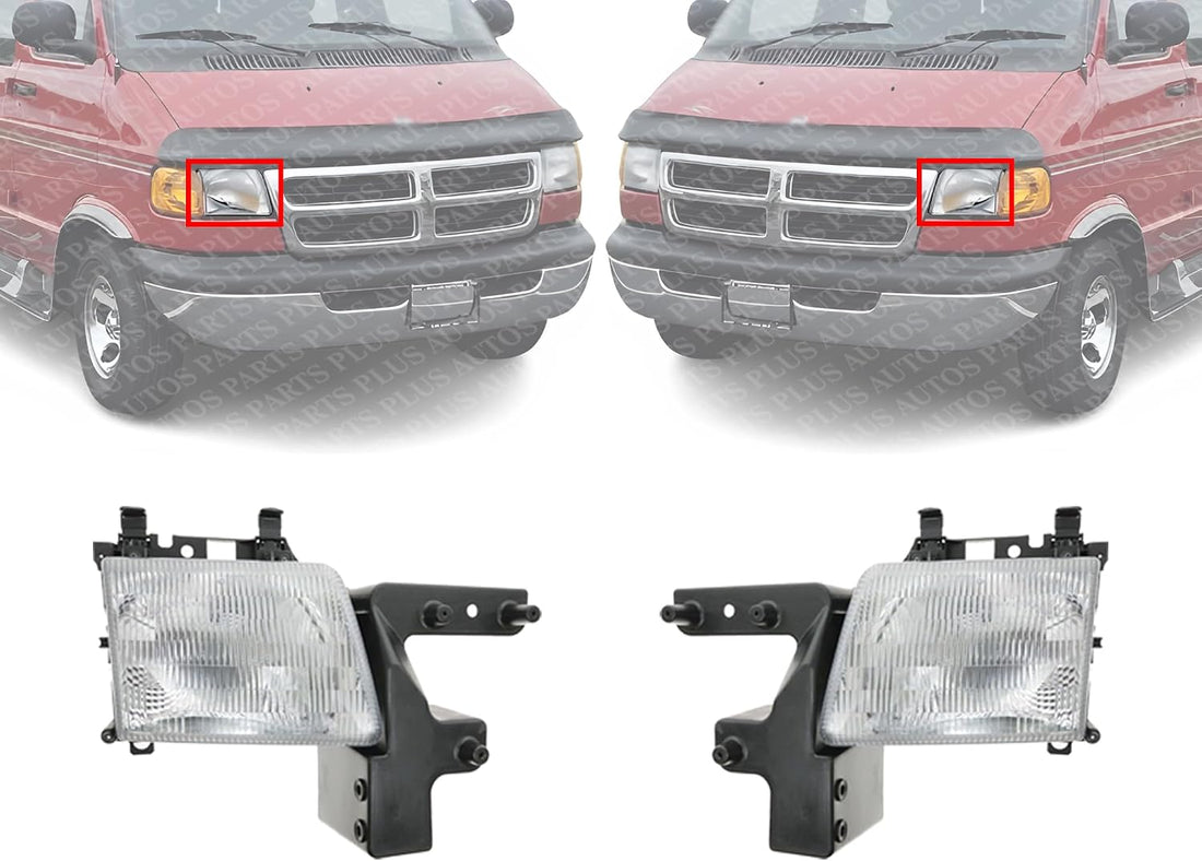 Set Of 2 Front Headlight Assembly Right Passenger & Left Driver Side Direct Replacement Compatible With 1998-2003 Dodge Ram Full Size Van CH2502118 CH2503118 55076525AC 55076524AC