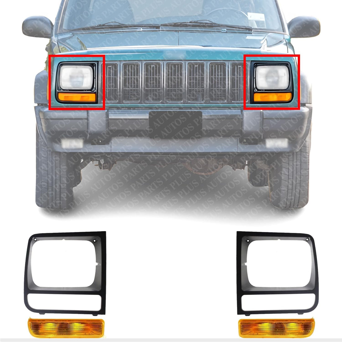 Front Headlight Doors + Signal Lights Lens and Housing Right Passenger & Left Driver Side Direct Replacement Compatible With Jeep Cherokee 1997-2001 CH2513157 CH2512157 CH2520127