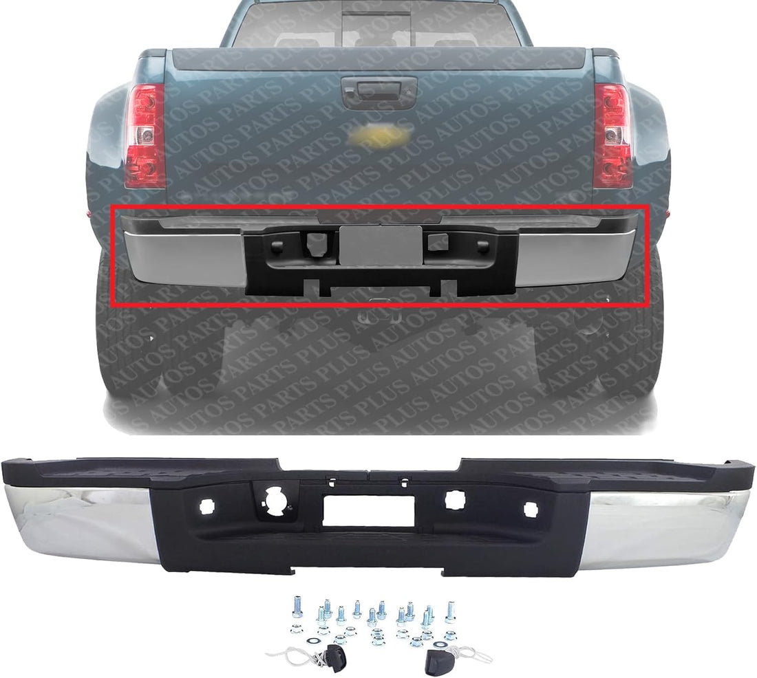 Step Bumper Assembly Chrome Steel Without Rear Object Sensor Holes Direct Replacement Compatible With 2007-2010 Chevrolet Silverado/GMC Sierra 3500HD GM1103153