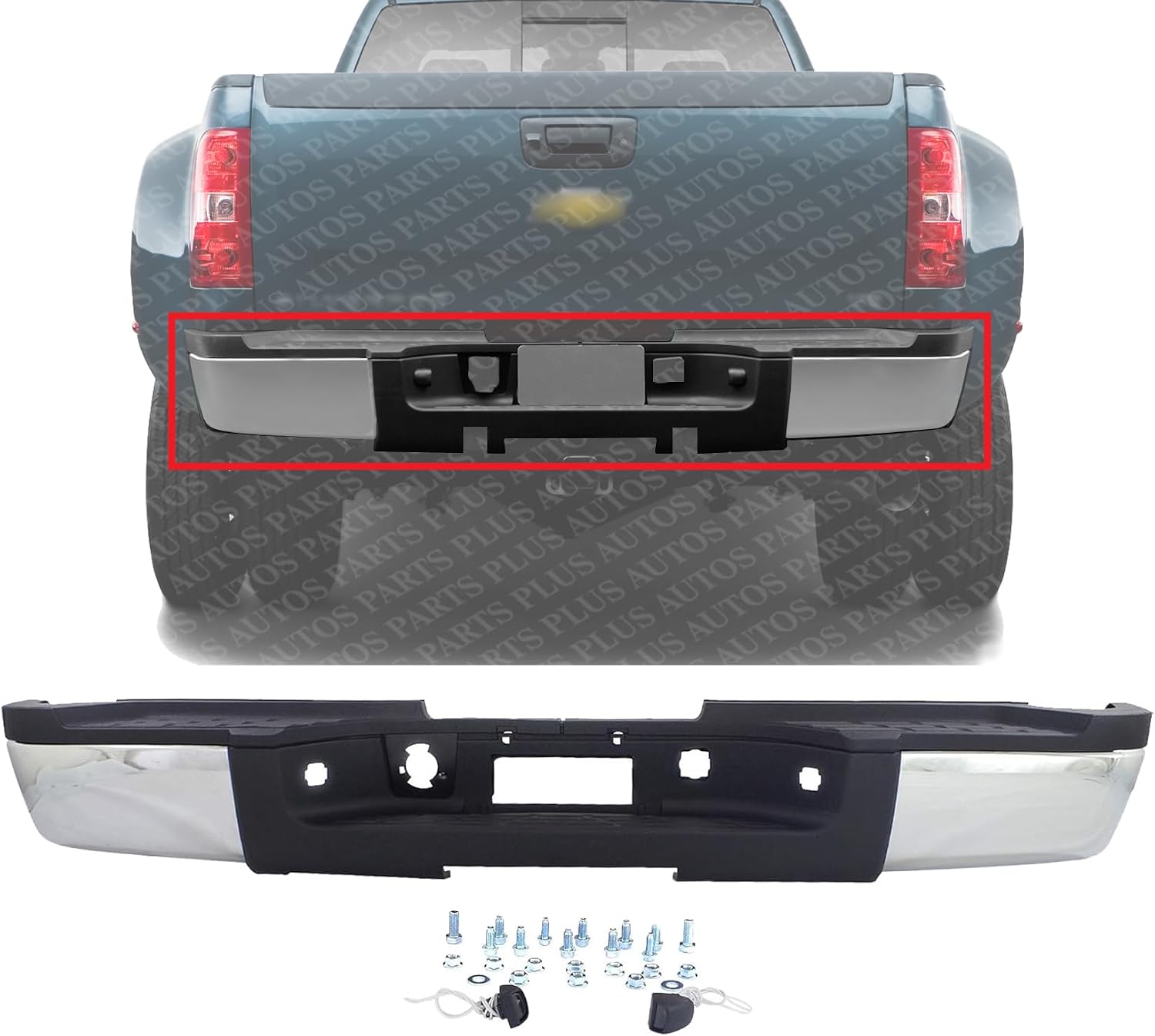 Step Bumper Assembly Chrome Steel Without Rear Object Sensor Holes Direct Replacement Compatible With 2007-2010 Chevrolet Silverado/GMC Sierra 3500HD GM1103153
