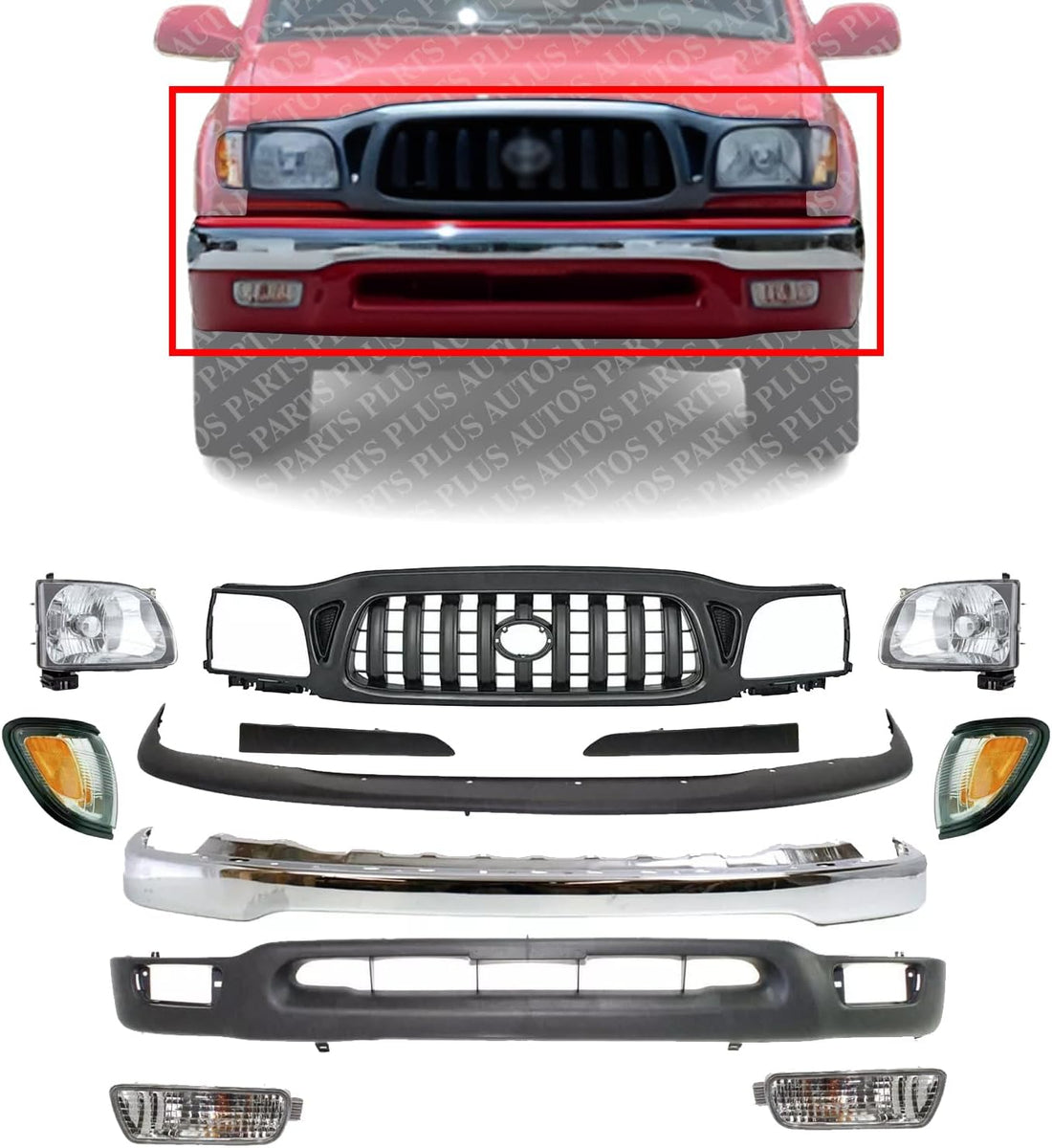 Front Bumper Chrome + Grille + Upper Cover + Lower Valance + Headlights & Fillers + Signal + Corner Lamps RH And LH Side Direct Replacement Compatible With 2001-2004 Toyota Tacoma