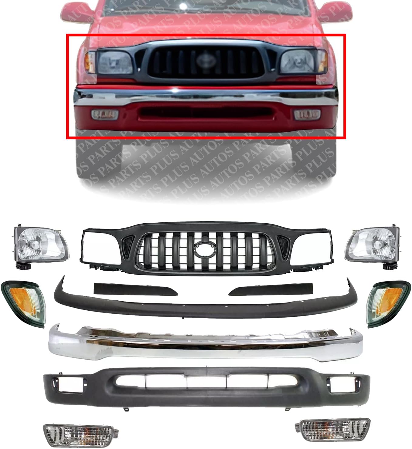 Front Bumper Chrome + Grille + Upper Cover + Lower Valance + Headlights & Fillers + Signal + Corner Lamps RH And LH Side Direct Replacement Compatible With 2001-2004 Toyota Tacoma