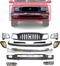 Front Bumper Chrome + Grille + Upper Cover + Lower Valance + Headlights & Fillers + Signal + Corner Lamps RH And LH Side Direct Replacement Compatible With 2001-2004 Toyota Tacoma
