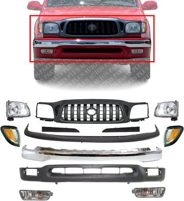 Front Bumper Chrome + Grille + Upper Cover + Lower Valance + Headlights & Fillers + Signal + Corner Lamps RH And LH Side Direct Replacement Compatible With 2001-2004 Toyota Tacoma