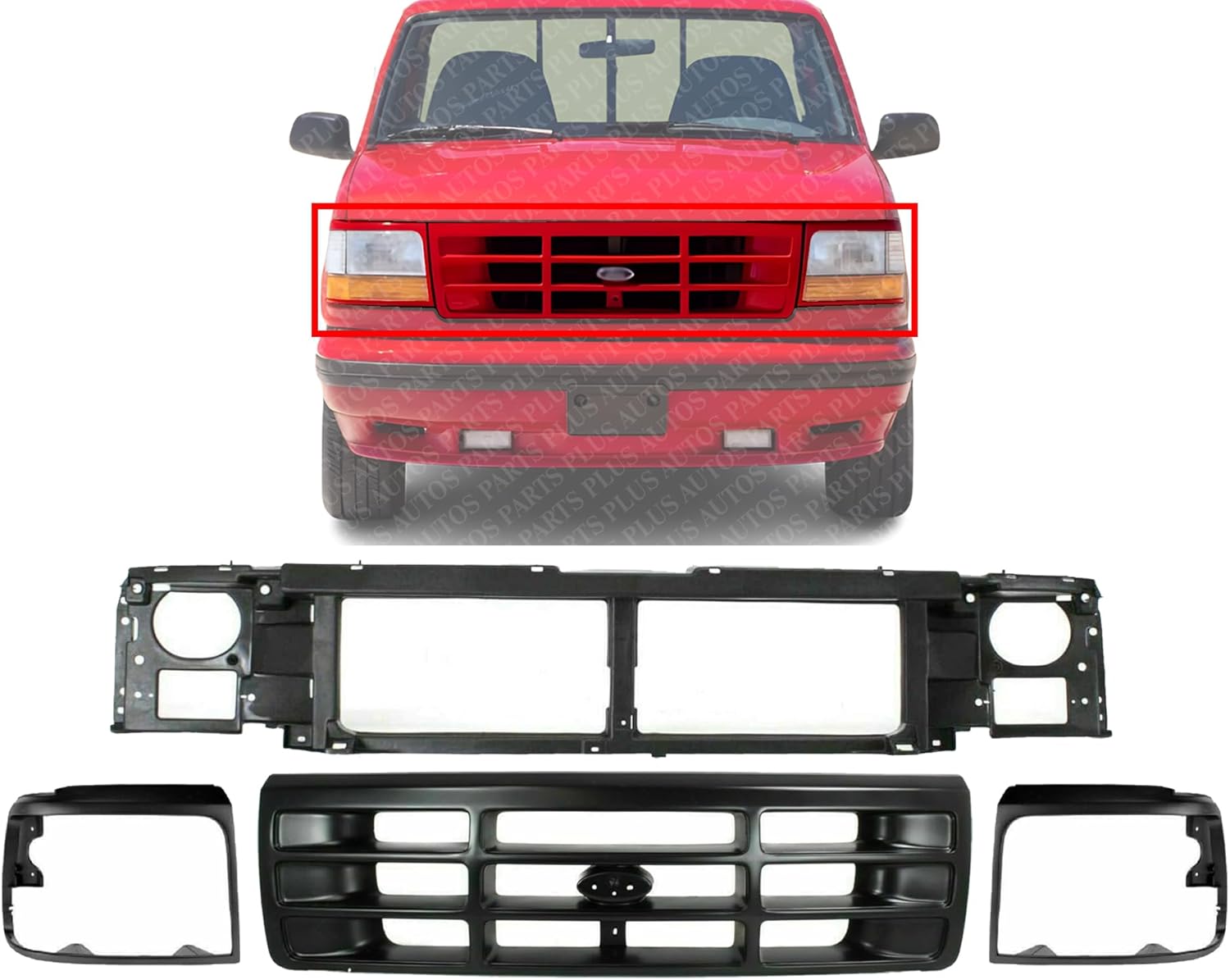 Front Header Panel + Grille + Bezels Primed Left Driver & Right Passenger Side Direct Replacement Compatible With 1992-1997 Ford F-150 F-250 F-350 FO1220113 FO1200172 FO2512131