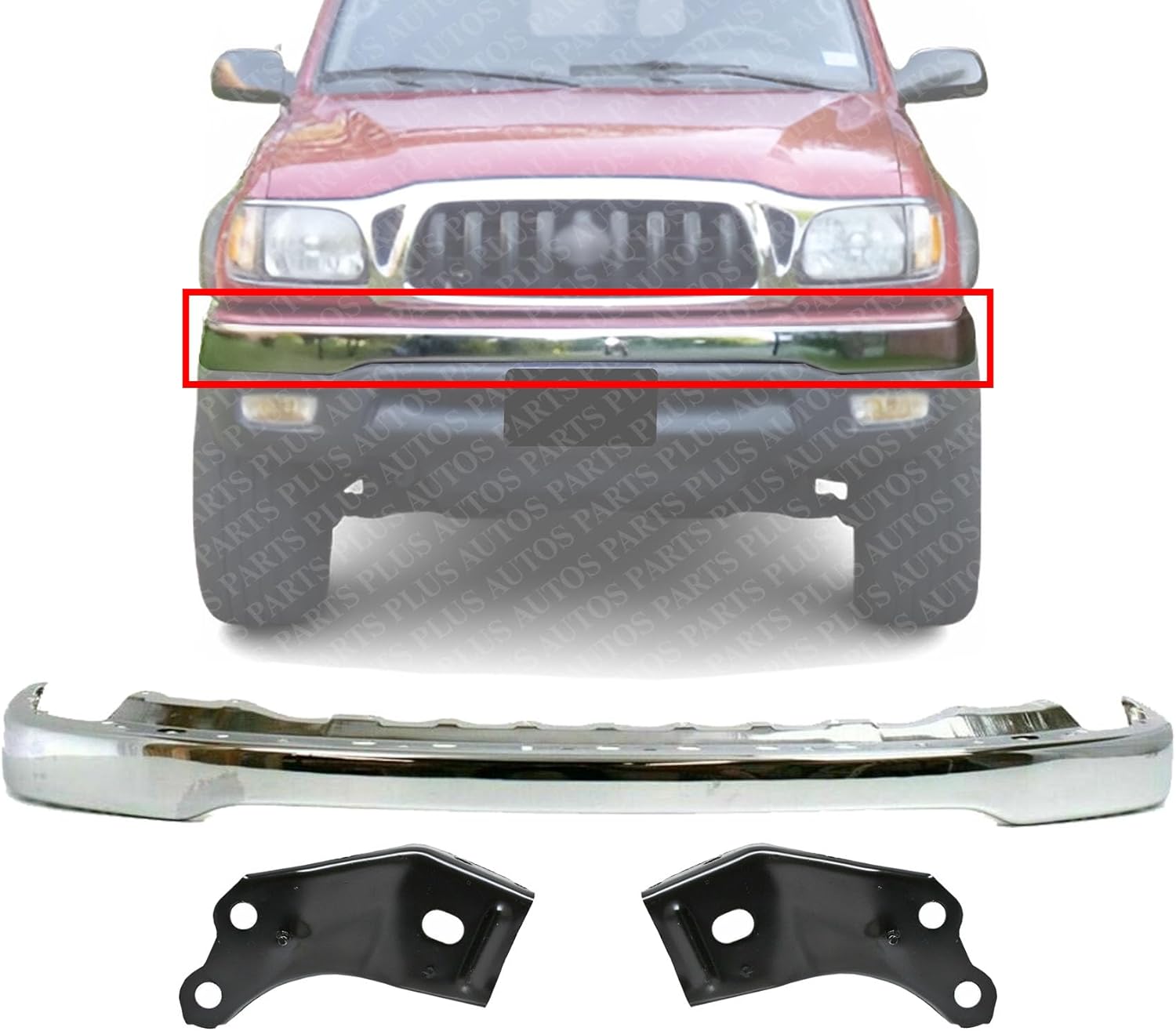 Front Bumper Chrome Steel + Bracket Set Of 2 Right Passenger & Left Driver Side Direct Replacement Compatible With Toyota Tacoma 2001-2004 TO1002174 TO1066134 TO1067134 52101AD030