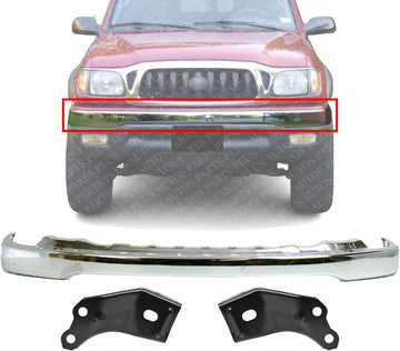Front Bumper Chrome Steel + Bracket Set Of 2 Right Passenger & Left Driver Side Direct Replacement Compatible With Toyota Tacoma 2001-2004 TO1002174 TO1066134 TO1067134 52101AD030