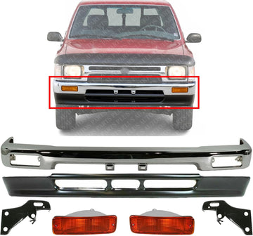 Front Bumper Chrome + Lower Valance Primed Steel Signal Light Assembly + Brackets Right & Left Side Direct Replacement Compatible With Toyota Pickup 1992-1995 TO1095104 TO1002102